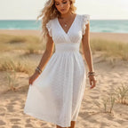 Women's Eyelet Midi Dress With Flutter Sleeves - White