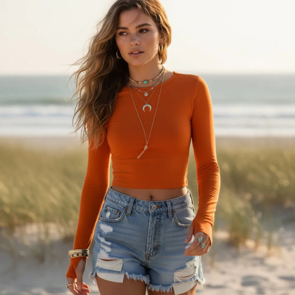 Women's Fitted Long Sleeve Crop Top With Thumb Holes - Burnt Orange