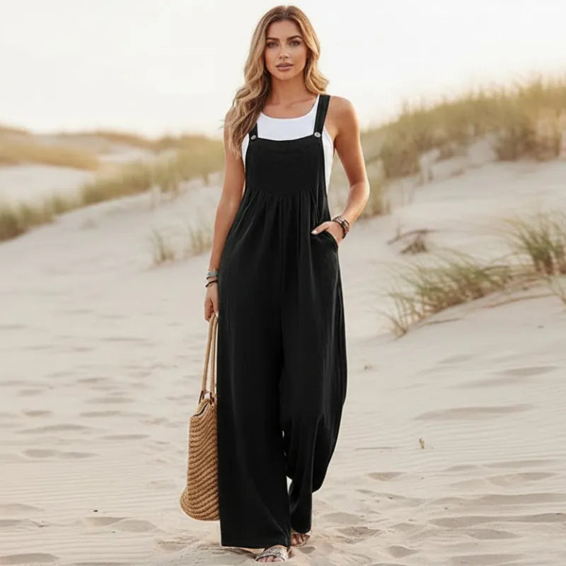 Women's Flare Leg Overall Jumpsuit With Bib Front - Black