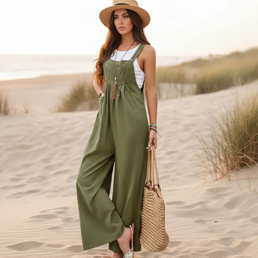 Women's Flare Leg Overall Jumpsuit With Bib Front - Army Green