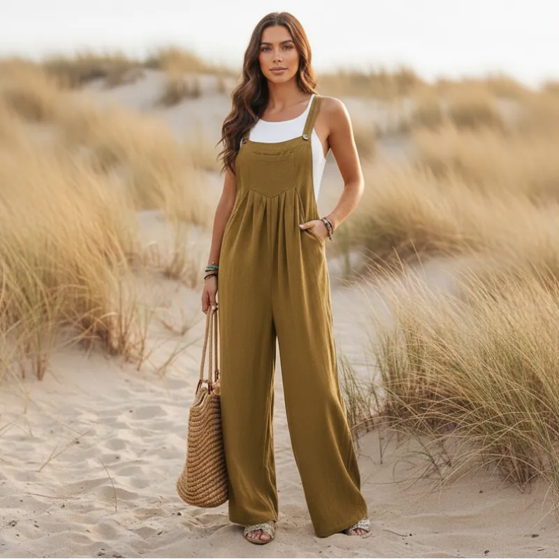 Women's Flare Leg Overall Jumpsuit With Bib Front - Dark Khaki