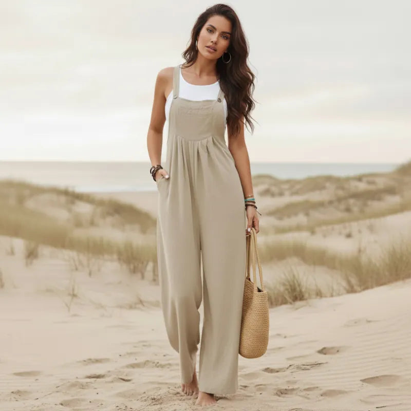 Women's Flare Leg Overall Jumpsuit With Bib Front - Khaki