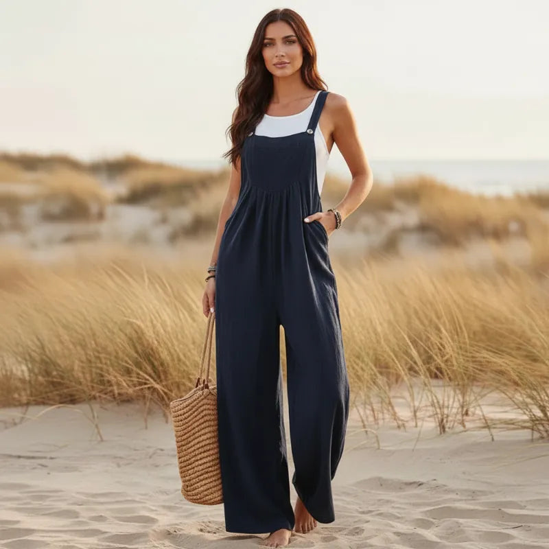 Women's Flare Leg Overall Jumpsuit With Bib Front - Navy Blue