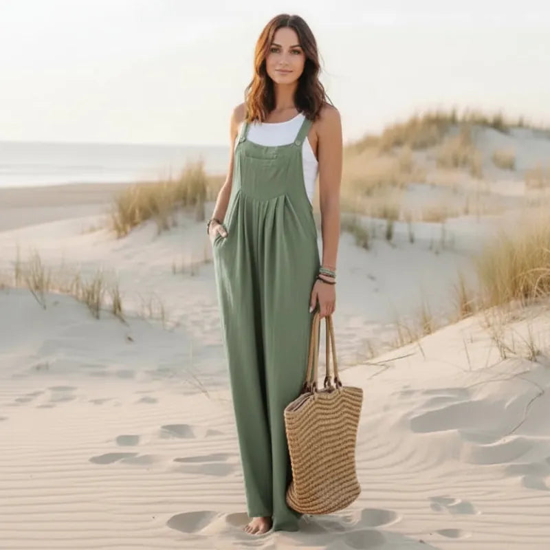 Women's Flare Leg Overall Jumpsuit With Bib Front - Sage Green
