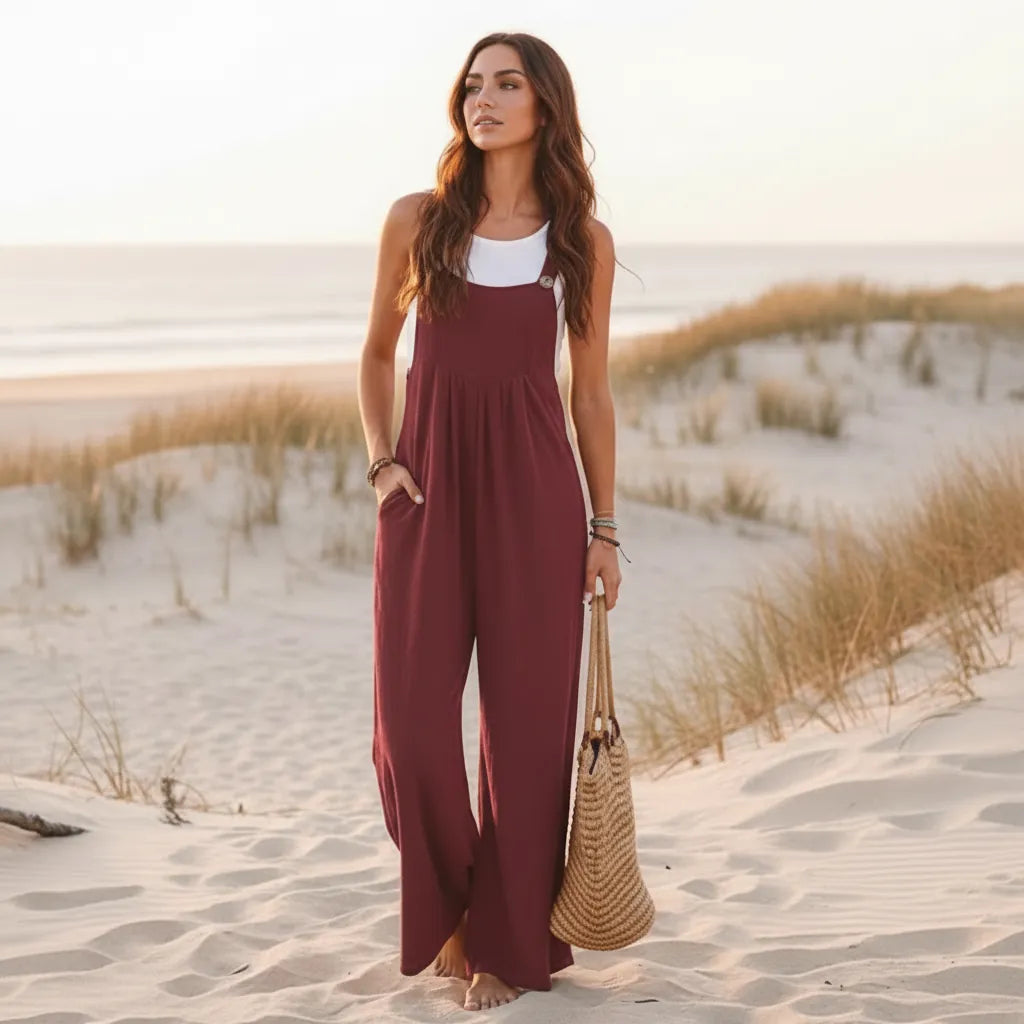 Women's Flare Leg Overall Jumpsuit With Bib Front - Burgundy