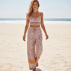 Women's Floral Crop Top and Wide-Leg Trouser Set - Dusty Rose