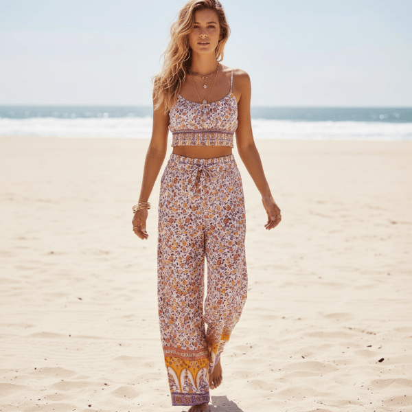 Women's Floral Crop Top and Wide-Leg Trouser Set - Dusty Rose