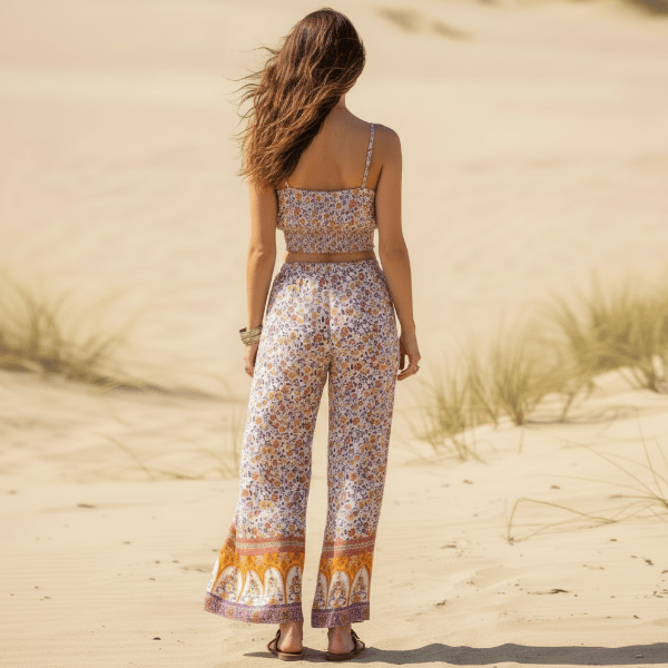 Women's Floral Crop Top and Wide-Leg Trouser Set - Dusty Rose