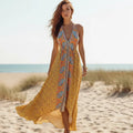 Women's Floral High Low Maxi Dress With Button Front - Mustard Yellow