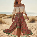 Women's Floral High Low Maxi Skirt With Elastic Waist - Red