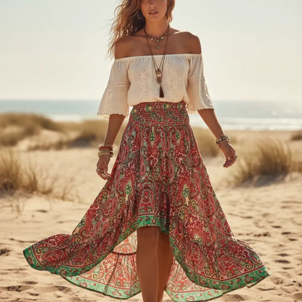 Women's Floral High Low Maxi Skirt With Elastic Waist - Red