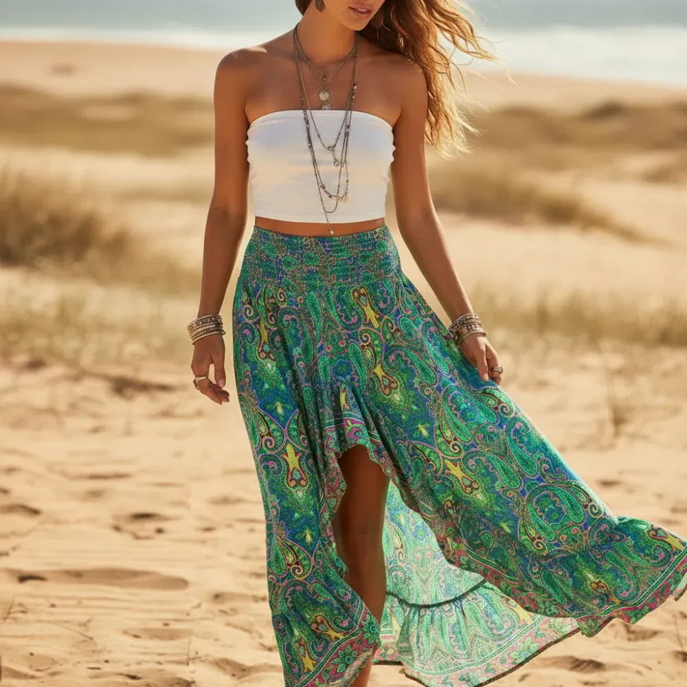 Women's Floral High Low Maxi Skirt With Elastic Waist - Green