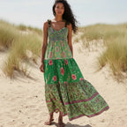 Women's Floral Maxi Dress With Smocked Bodice and Tie Straps - Green