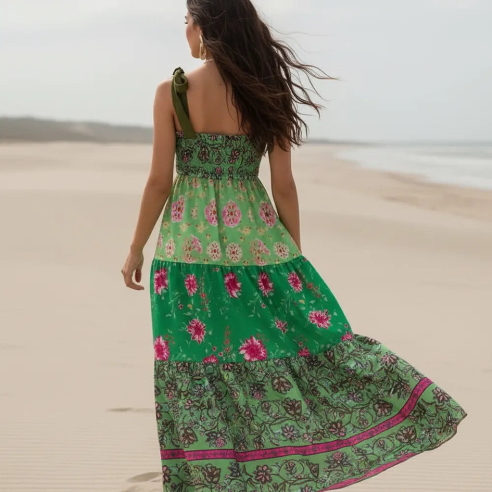 Women's Floral Maxi Dress With Smocked Bodice and Tie Straps - Green