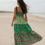 Women's Floral Maxi Dress With Smocked Bodice and Tie Straps - Green