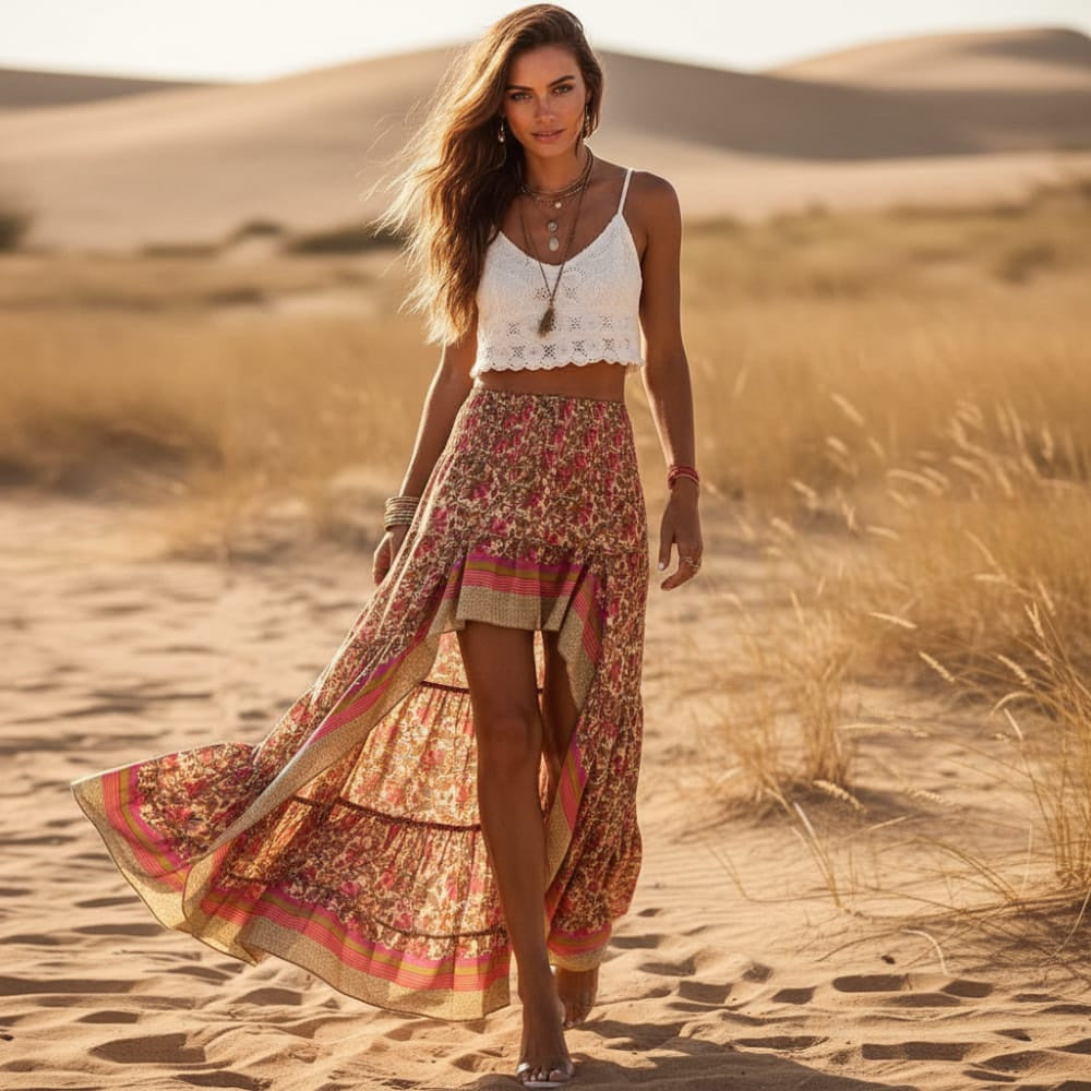 Women's Floral Maxi Skirt With High Low Hemline - Red