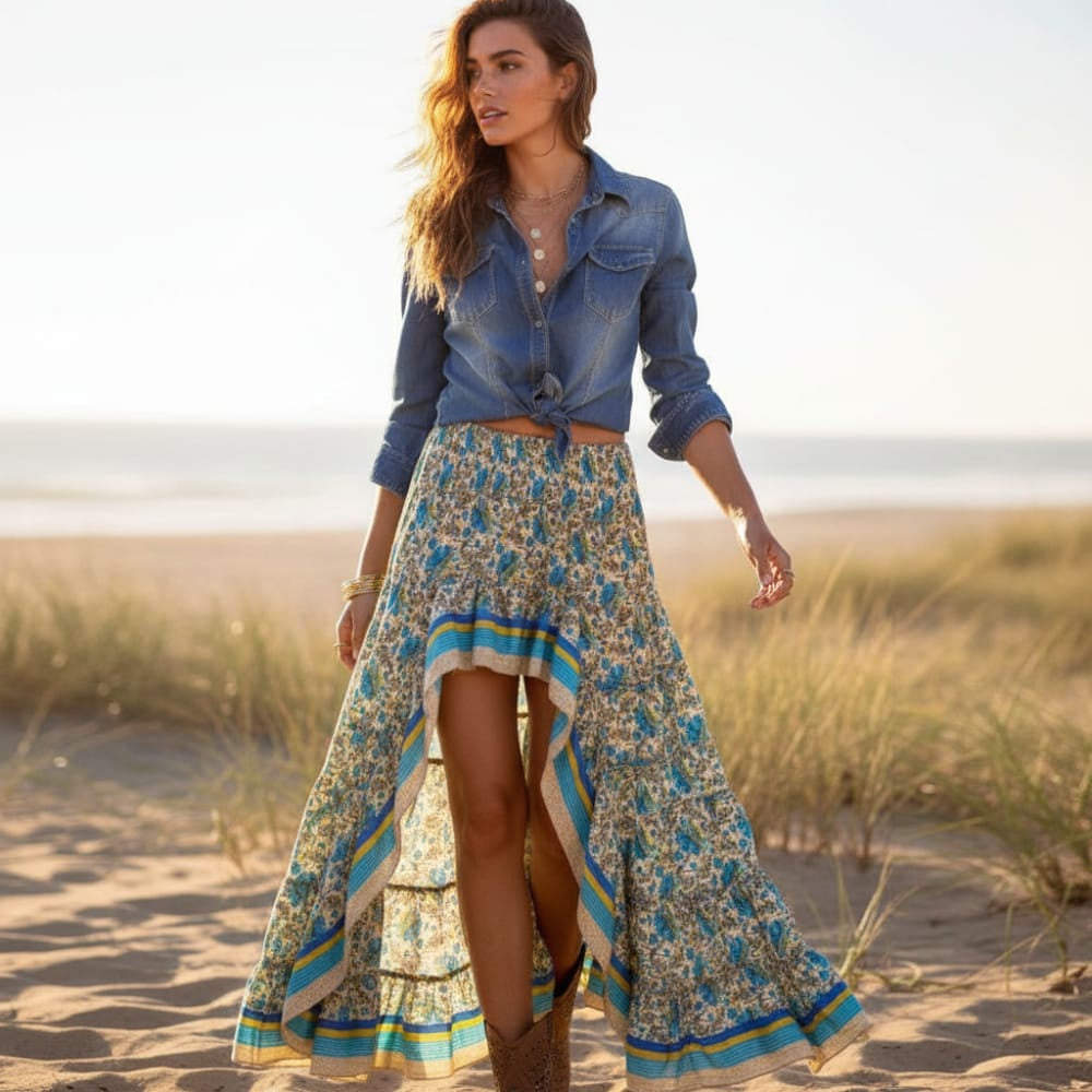 Women's Floral Maxi Skirt With High Low Hemline - Blue
