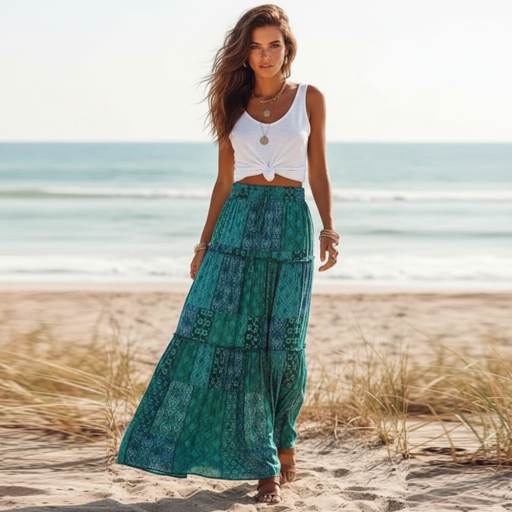 Women's Floral Maxi Skirt With Tiered Ruffle Hem - Teal