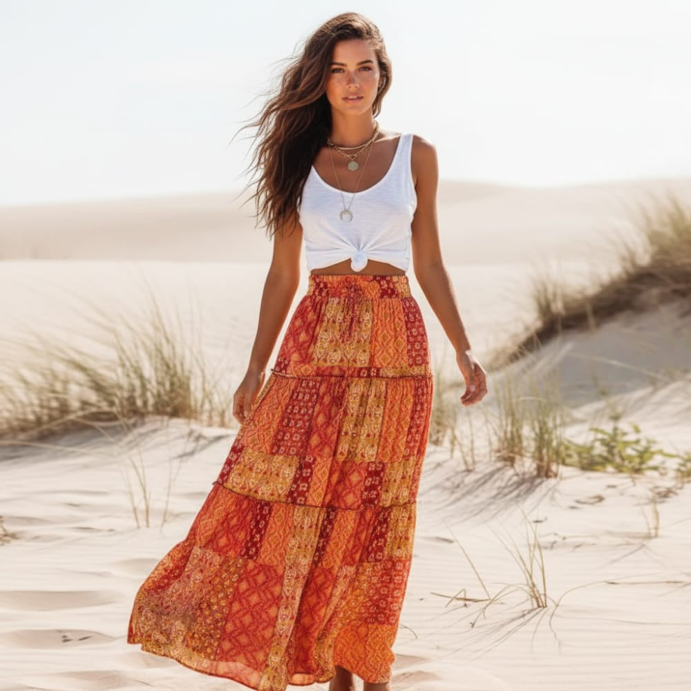 Women's Floral Maxi Skirt With Tiered Ruffle Hem - Orange