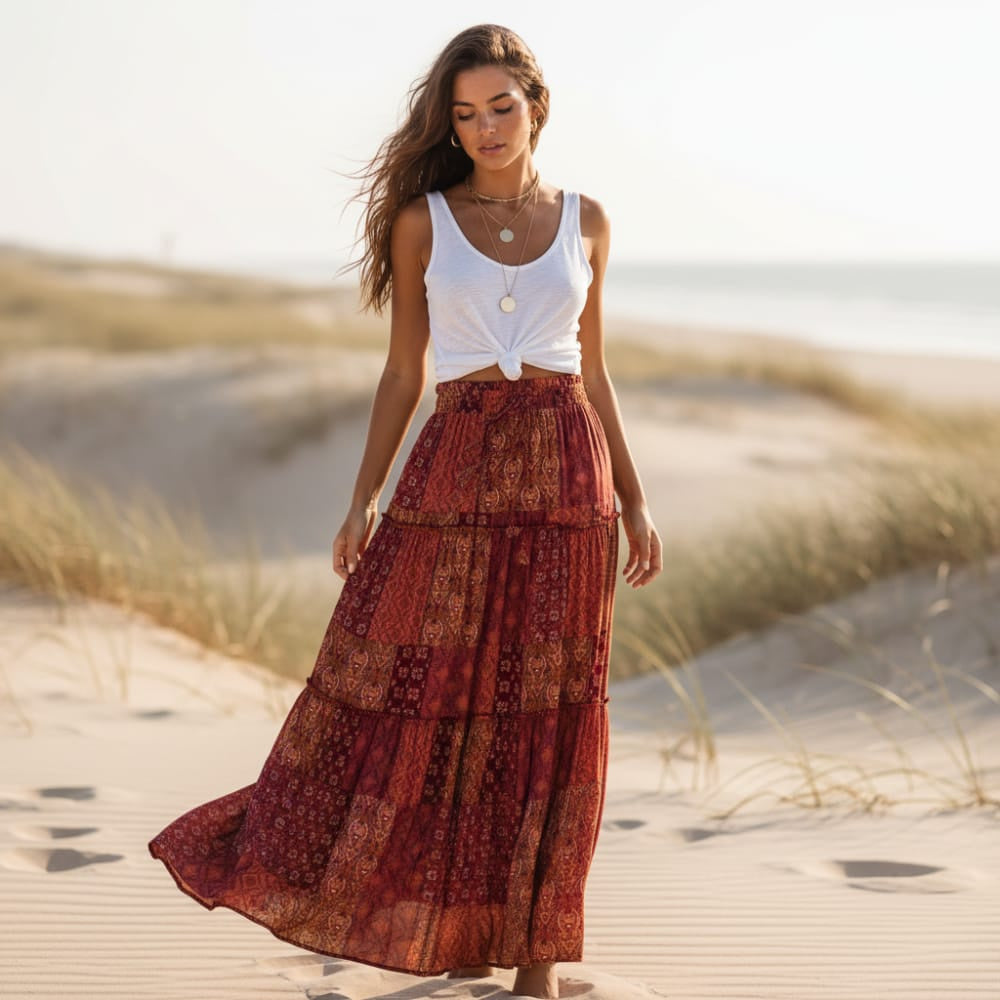 Women's Floral Maxi Skirt With Tiered Ruffle Hem - Red