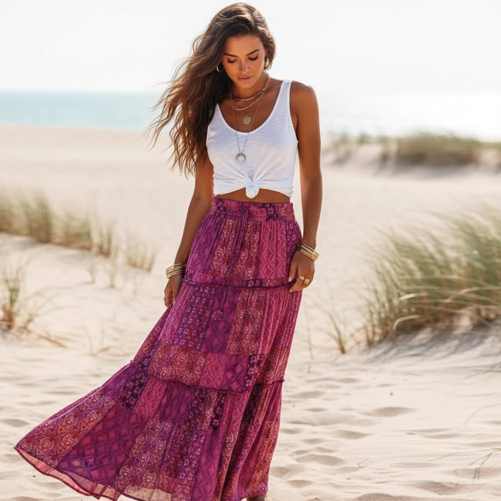 Women's Floral Maxi Skirt With Tiered Ruffle Hem - Purple