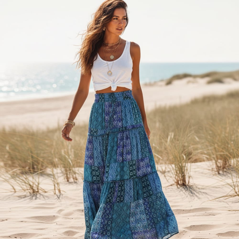 Women's Floral Maxi Skirt With Tiered Ruffle Hem - Blue