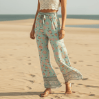 Women's Floral Wide-Leg Trousers With Border Hem - Seafoam