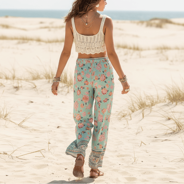 Women's Floral Wide-Leg Trousers With Border Hem - Seafoam