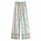 Women's Floral Wide-Leg Trousers With Border Hem - Seafoam