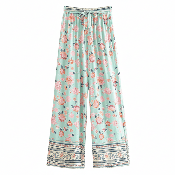 Women's Floral Wide-Leg Trousers With Border Hem - Seafoam