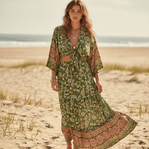 Women's Floral Wrap Top and Maxi Skirt Two-Piece Set - Green