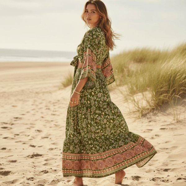 Women's Floral Wrap Top and Maxi Skirt Two-Piece Set - Green