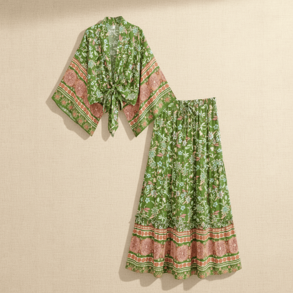 Women's Floral Wrap Top and Maxi Skirt Two-Piece Set - Green