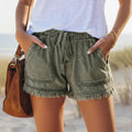 Women's Frayed Hem Denim Shorts With Drawstring Waist - Army Green