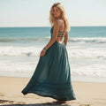 Women's Halter Maxi Dress With Open Back and Side Split - Teal Blue