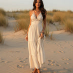 Women's Halter Maxi Dress With Open Back and Trim - Off White