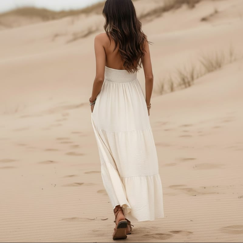 Women's Halter Maxi Dress With Open Back and Trim - Off White