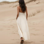 Women's Halter Maxi Dress With Open Back and Trim - Off White