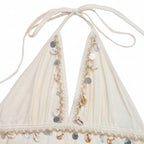 Women's Halter Maxi Dress With Open Back and Trim - Off White