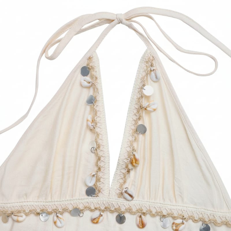 Women's Halter Maxi Dress With Open Back and Trim - Off White