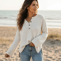 Women's Henley Knit Sweater With Button Neckline - White