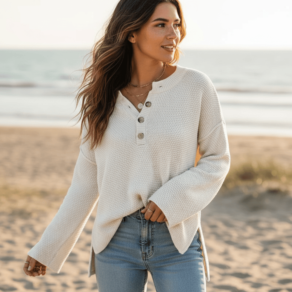 Women's Henley Knit Sweater With Button Neckline - White