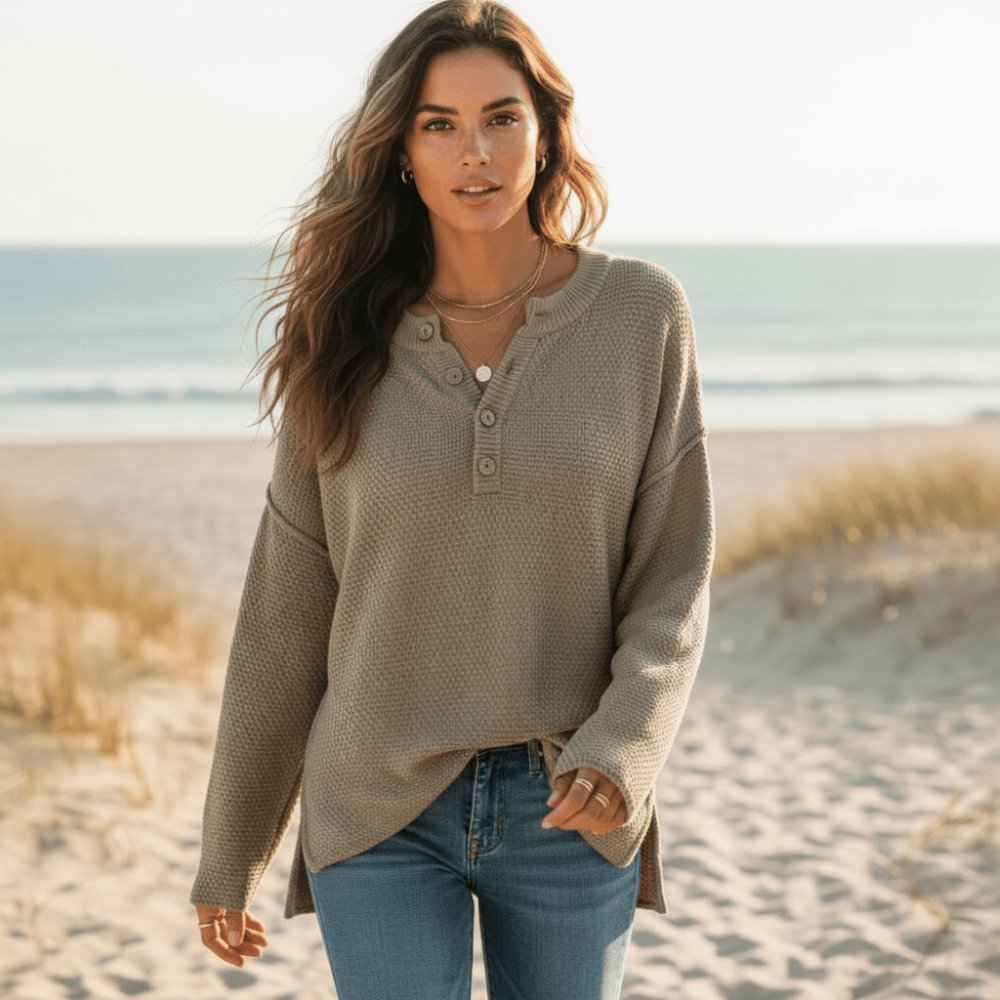 Women's Henley Knit Sweater With Button Neckline - Khaki