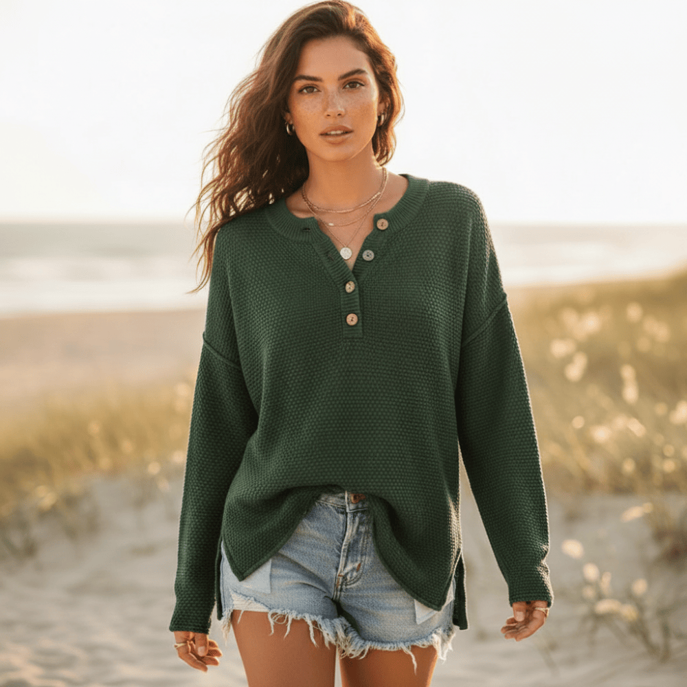 Women's Henley Knit Sweater With Button Neckline - Hunter Green