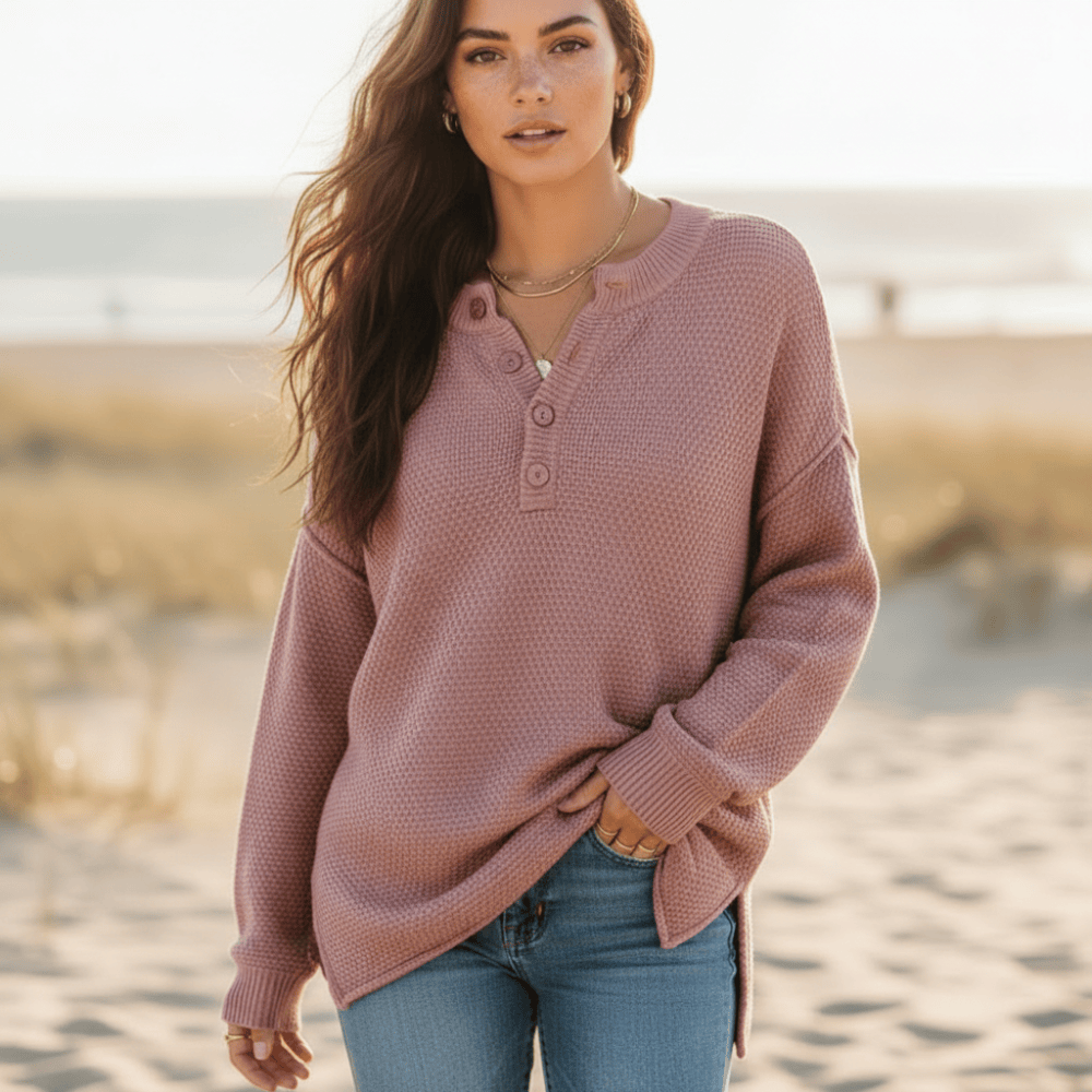 Women's Henley Knit Sweater With Button Neckline - Dusty Mauve