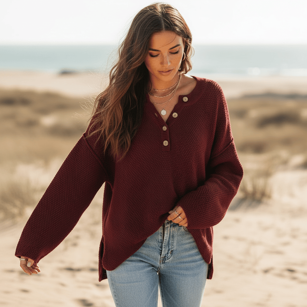 Women's Henley Knit Sweater With Button Neckline - Burgundy
