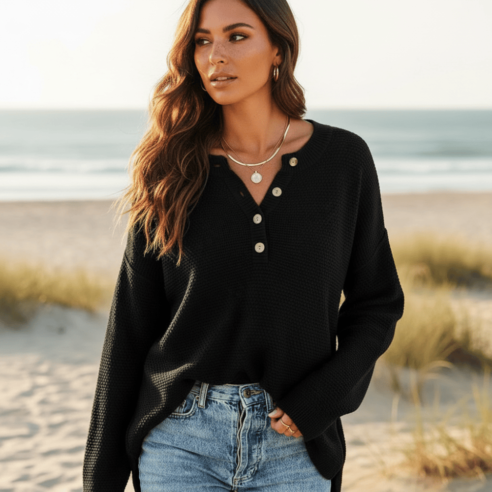 Women's Henley Knit Sweater With Button Neckline - Black