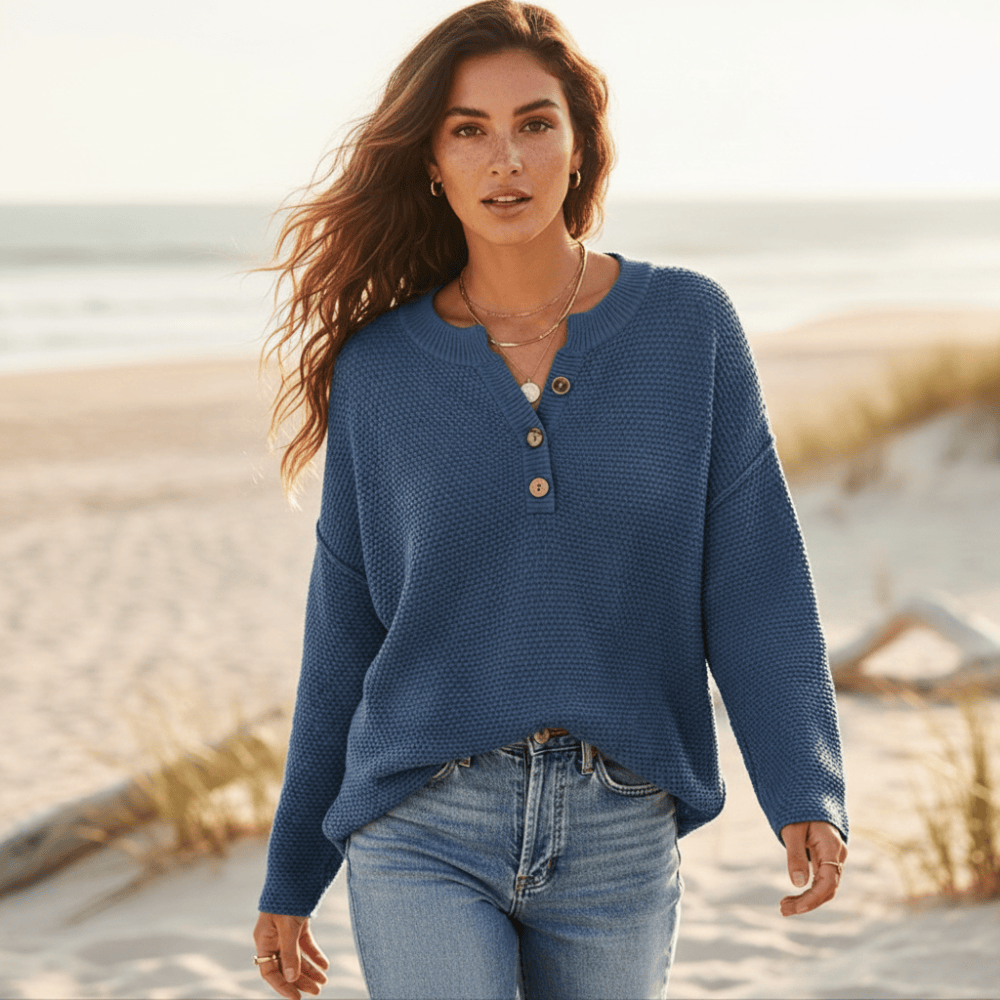 Women's Henley Knit Sweater With Button Neckline - Slate Blue