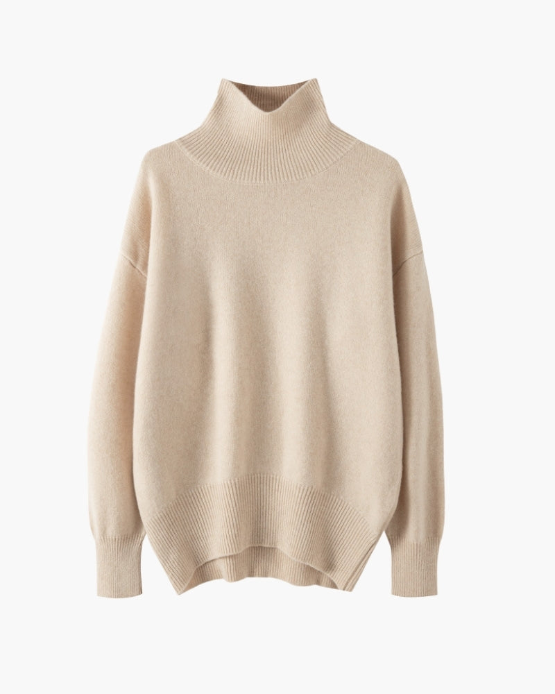 Women's High-Neck Sweater With a Curved Banded Hem - Beige