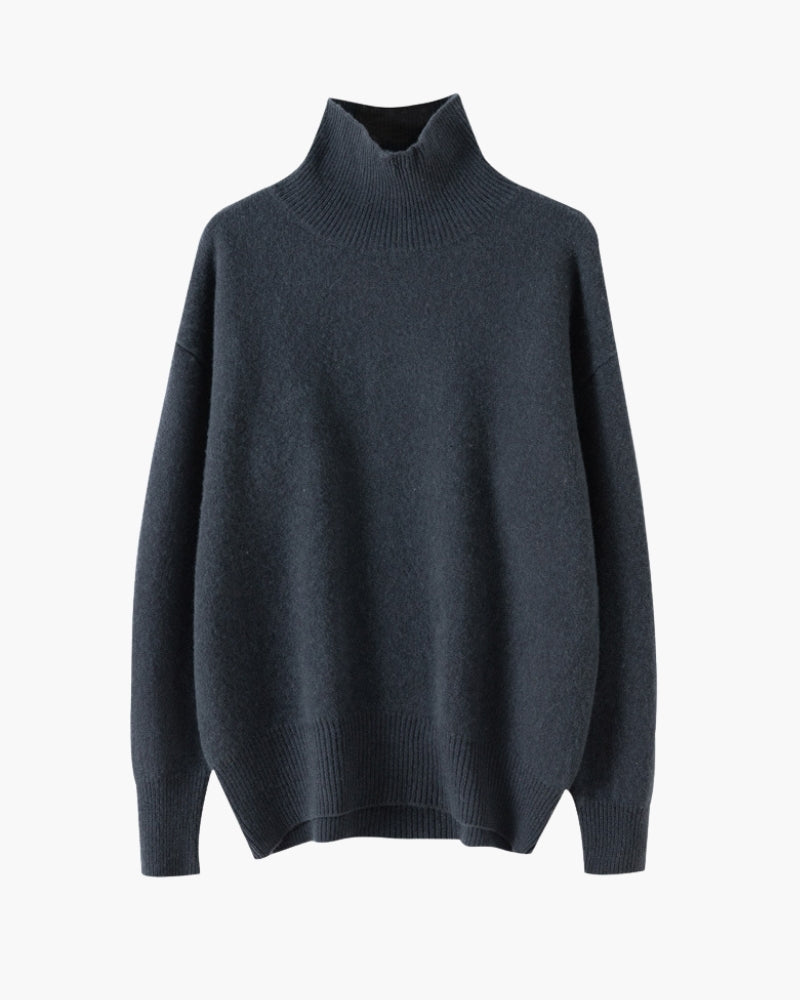 Women's High-Neck Sweater With a Curved Banded Hem - Navy